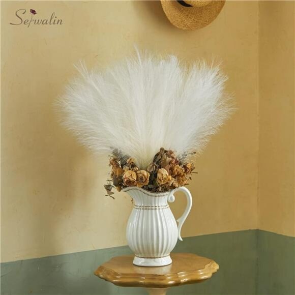 White Pampas Grass Decor,17.7 Inch 6pcs Boho Decor,Faux Pampas Grass Living Room - Picture 6 of 8